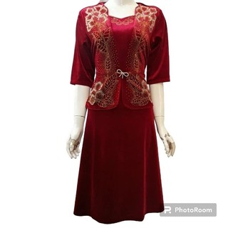 Váy, Đầm trung niên  vải nhung dáng vest xòe kết hoa đá sang đẹp, Đầm vest nhung xòe ngắn trung niên  che bụng