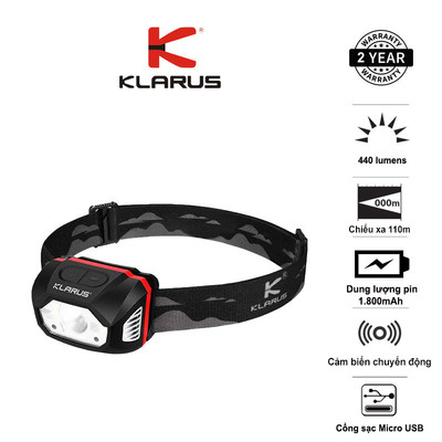 Đèn pin đội đầu KLARUS HM1 độ sáng 440 lm tầm chiếu xa 100m pin 1800mAh cảm biến thông minh