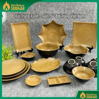 Bộ bát, đĩa gốm sứ men đen lòng nâu, gốm sứ bát tràng cao cấp, gốm sứ bát tràng xanh