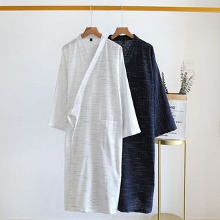 Nhật Bản Đơn Giản Sọc Váy Ngủ Nam Xuân Thu Mã Hóa Cotton Nguyên Chất Gạc Áo choàng Tắm Hai Lớp Homewear Bộ Đồ Ngủ Mồ Hôi Hấp Quần Áo 58TV