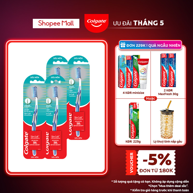 Bộ 4 Bàn chải Colgate Slimsoft Advanced ngăn chảy máu nướu siêu mềm mảnh