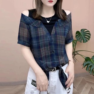 Mùa hè Phong Cách Mới Kẻ Sọc Khâu Giả Hai Mảnh Tay Ngắn Top All-Match Slimmer