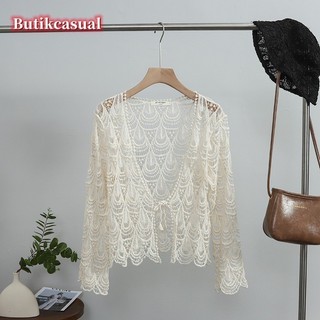 Phụ Nữ Ren Cardigan Dài Tay Mùa Hè Cotton Đan Áo Sơ Mi Thời Trang Rỗng Ra Khăn Choàng Thường Ngày