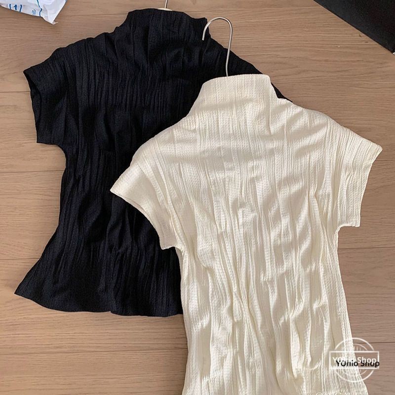 Áo thun nữ cổ cao nửa cổ cao giảm béo màu trơn mùa hè | BigBuy360 - bigbuy360.vn