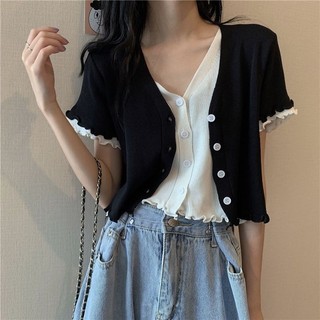 Giả Hai Mảnh Cổ Chữ V Slim-Fit Ngắn BM Dệt Kim Hàng Đầu Nữ Phiên Bản Hàn Quốc Mùa Hè Mỏng Hơn Nhìn Mỏng Tay Ngắn