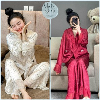 Đồ ngủ nữ july, đồ bộ mặc nhà họa tiết chấm bi cổ ren xinh xắn chất lụa freesize