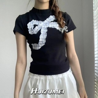 Áo thun nữ HUIZUMEI Creative Bow American Retro Slim cổ tròn tay ngắn
