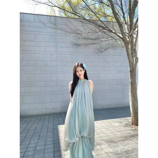 Liasynn Mới Phong Cách Trung Hoa Phong Cách Trung Hoa Azure Không Tay Dây Đầm Nữ Mùa Hè Cao Cấp Bên Biển Ảnh Kỳ Nghỉ Đẹp Váy Dài Váy Kỳ Nghỉ