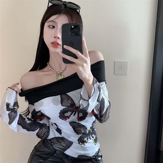 Yuewen Butterfly In Hình Cổ Phẳng Không Dây Chống Nắng Top Nữ Áo Thun Dài Tay