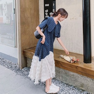 Váy Liền Denim Jacquard Cổ Hải Quân Váy Dài Phối Tua Rua Thon Gọn Phong Cách Tây Cổ Điển Mẫu Mới Mùa Hè Cho Nữ