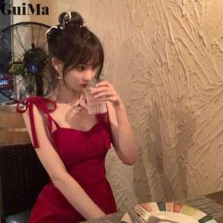 Váy treo nữ GuiMa eo Pháp váy ngắn gợi cảm màu đỏ mới váy hông mỏng màu trơn