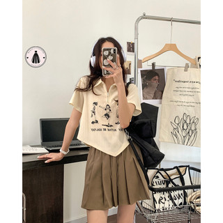 Áo thun nữ HORMOO in họa tiết cổ polo ngắn tay có dây kéo