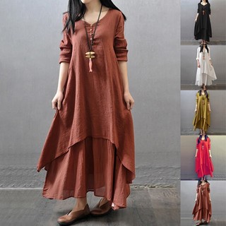Giá điên cuồng❤️Nữ Linen Dresse Lớp Vintage Áo choàng dáng rộng Váy dài Oversize Nữ Mùa xuân
