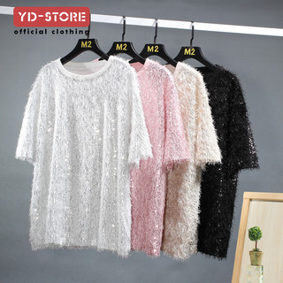 Bling bling bling tua rua lông kim sa lấp lánh cổ tròn ngắn tay áo thun nam nữ kim sa lấp lánh sáng cổ vũ hiệu suất quần áo