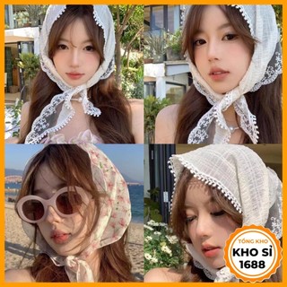 Khăn trùm đầu đi biển, khăn trùm đầu hình tam giác, khăn ren kiểu Pháp, băng đô đi biển, khăn choàng đi biển E1993