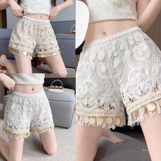 R Dệt Kim Móc Kim Sa Lấp Lánh Tua Rua Quần Short Rời Cho Nữ Bohemian Rỗng Ra Co Giãn Eo Đi Biển Quần Ngắn Đáy