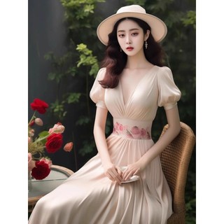 Mori Phong cách Cung điện Phong cách Niche Puff Tay áo mơ Váy bó sát Mùa hè Phong cách mới Mặc ngoài qua đầu gối Váy chữ A cay ngọt ngào UWQW