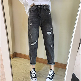 Quần Jean Baggy Nữ BigSize Lưng Cao Rách Bụi, Phong Cách Hàn Quốc, Màu Xám Rách 3008 Denim Pants Women Có Túi Khuy
