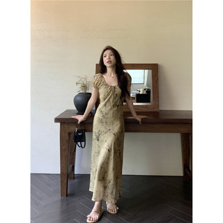 Green Island Garden Retro Cool Floral Smudge Dress Nữ Mùa Hè Ren Váy Dài Nhỏ