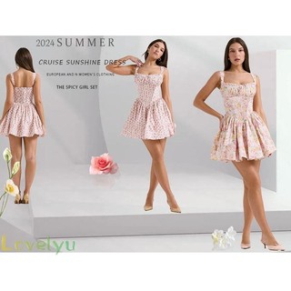 ⭐ready stock ⭐attractive women's summer dress pink floral suspender skirt slim fit short skirt