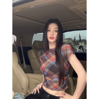 「Nonfatgirl」Ngọt Ngào Mát Hot Girl Slim-fit Slimmer Look Retro Kẻ Sọc Ngắn Tay Áo Thun Nữ Cổ Nhỏ