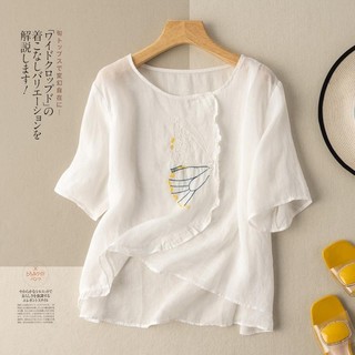 Tay Ngắn Vải Lanh Cotton Top Văn Học Retro Thêu Rời Cotton Vải Lanh Áo Thun Tian Mỏng Thường Ngày Áo Sơ Mi Nhỏ / 3.1