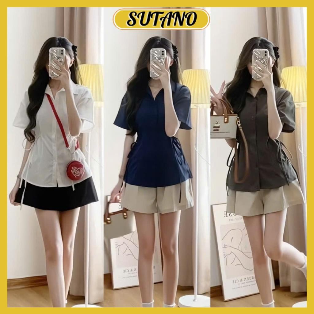 Set áo sơ mi đũi phối dây buộc hai bên eo kèm quần short cạp chun A87 SUTANO | BigBuy360 - bigbuy360.vn