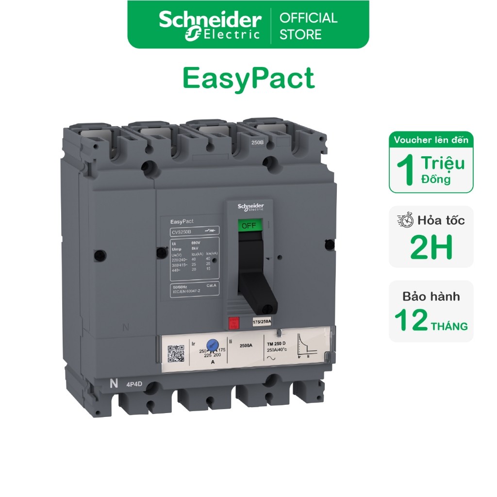 Aptomat dạng khối 4P MCCB 25kA 380..415 V AC bộ ngắt TM-D dòng EasyPact CVS160B - Schneider Electric