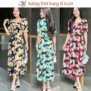 Đầm maxi form dài họa tiết, đính nút, phối ren, tay phồng - GR0317 (hình thật shop chụp)