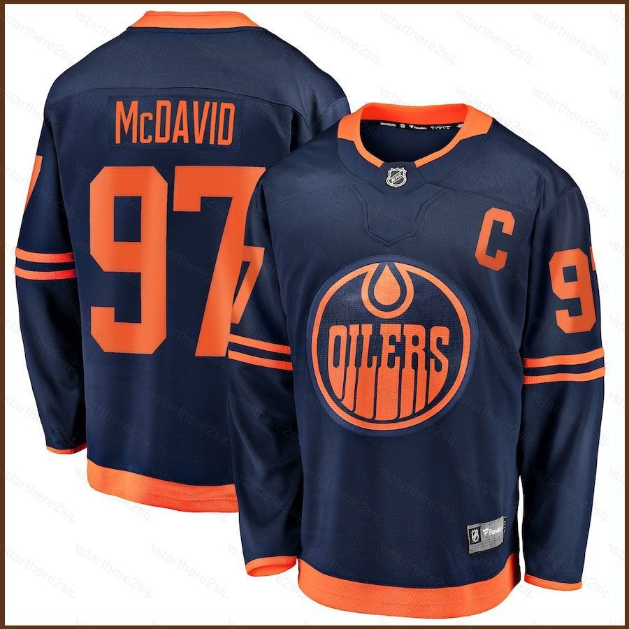 Np2 NHL Connor McDavid Edmonton Oilers Jersey Navy Áo thun dài tay người hâm mộ Áo thể thao Plus Siz
