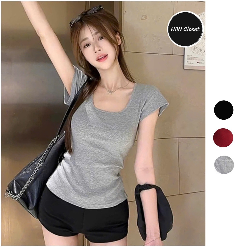 Áo thun nữ cổ vuông cộc tay chất zip co giãn 4 chiều - Áo thun cổ vuông ôm body HiiNClothing - 125