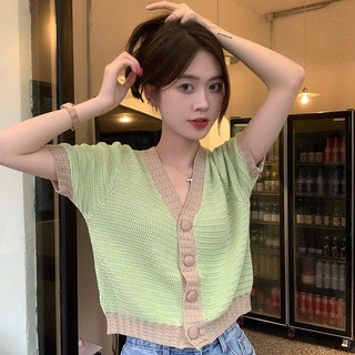 K Dệt Kim Áo Thun Mùa Hè Phong Cách Mới Cổ Chữ V Màu Tương Phản Cardigan Ngọt Mỏng Ngắn Top
