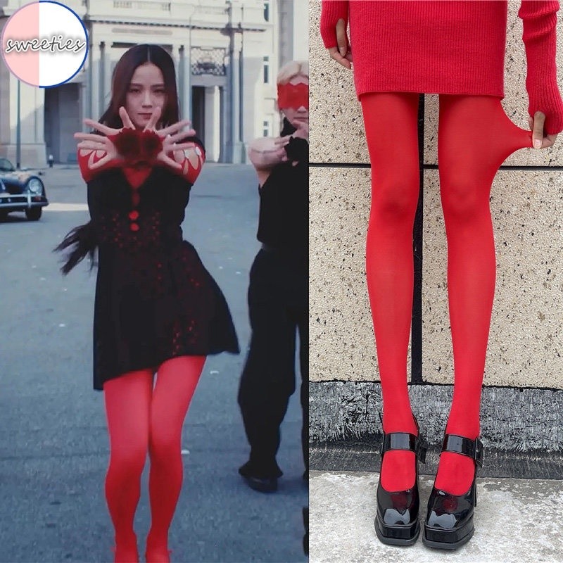 Quần tất đỏ legging dài vải lụa phong cách Jisoo Flower| Gấu Hair