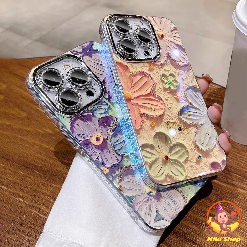 Retro Tranh Sơn Dầu Hoa Ánh Sáng Xanh Ốp lưng IPhone 11 15 16 Pro Max 16plus 12 14 13 Promax Long Lanh Ống Kính Phim Chống Sốc Mềm Ốp lưng