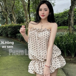 Đầm trễ vai chấm bi chun tay tháo rời sang chảnh CABOXIN