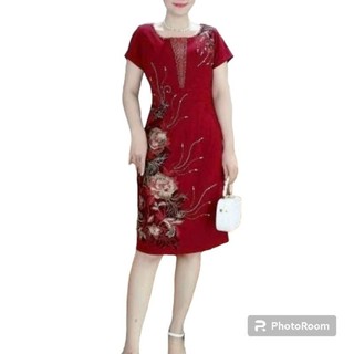 Váy, Đầm  trung niên thiết kế sang trọng hoa chân cao cấp, Đầm trung niên  thêu hoa chân 3D cao cấp