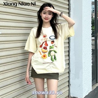 Xiang NIAN NI Apricot Áo thun ngắn tay phong cách Mỹ dành cho nữ Mùa hè Thiết kế mới Sense Niche Nửa tay Phong cách Hồng Kông Retro Sang trọng hàng đầu