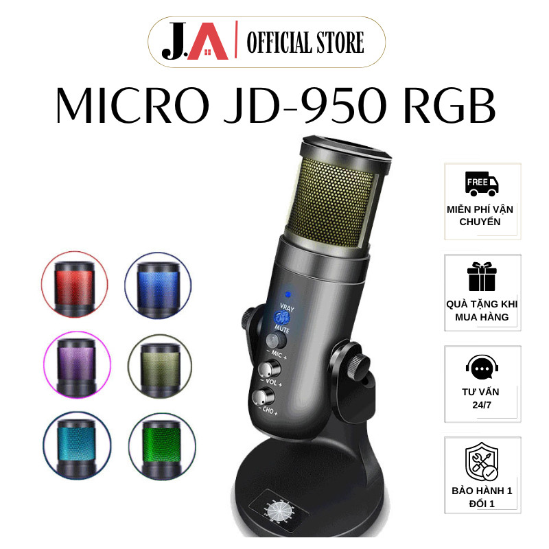 Micro Thu Âm JD950 RGB Usb Để Bàn Cho Podcasts,Streaming,Karaoke Online Dành Cho PC, Laptop J.A OFFI