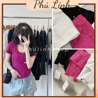 MS9966 Áo thun nữ vạt bầu cổ vuông đính cúc chất tăm Hàn siêu mát