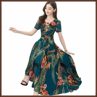 Jaz nữ cổ tròn dài tay ngắn chữ a loe đầm hoa áo thun maxi váy mùa hè thường ngày