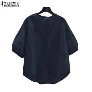 Zanzea nữ hàn quốc cổ tròn chia không đều áo sơ mi tay đèn lồng