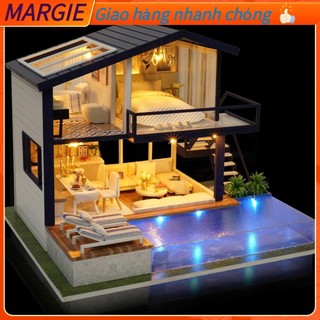 MARGIE Biệt thự gỗ thu nhỏ DIY có bể bơi Lắp ráp nhà búp bê Bộ dụng cụ mô hình Đồ chơi quà tặng