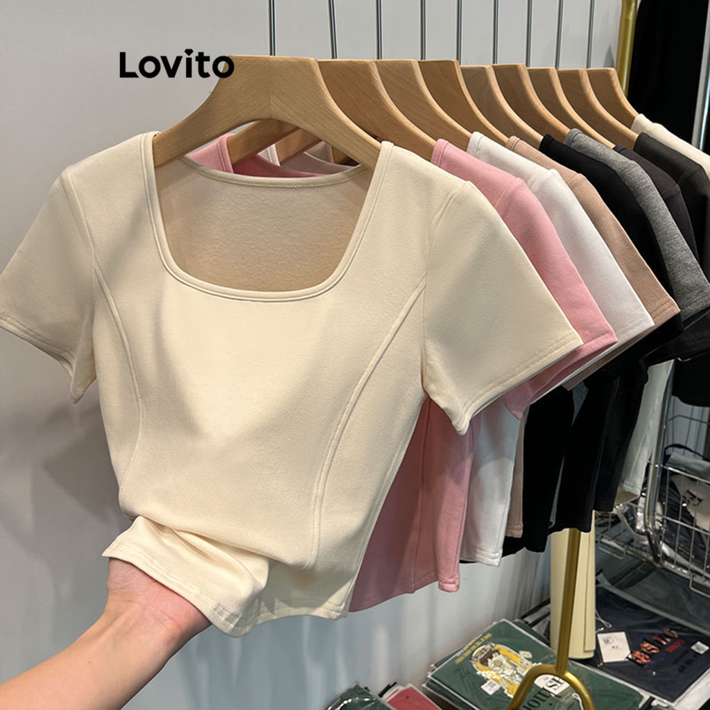 Áo thun Lovito màu trơn kết cấu viền phong cách thường ngày cho nữ LNE31215 (Màu mơ/Trắng/Đen)