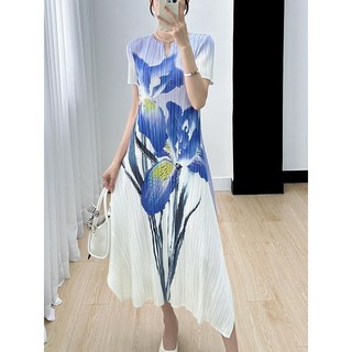 Miyake Xếp Ly Đầm Nữ Mùa Hè 2024 Phong Cách Mới Tay Ngắn In Hình Cao Cấp Thời Trang Thanh Lịch Thời Trang Váy Dài