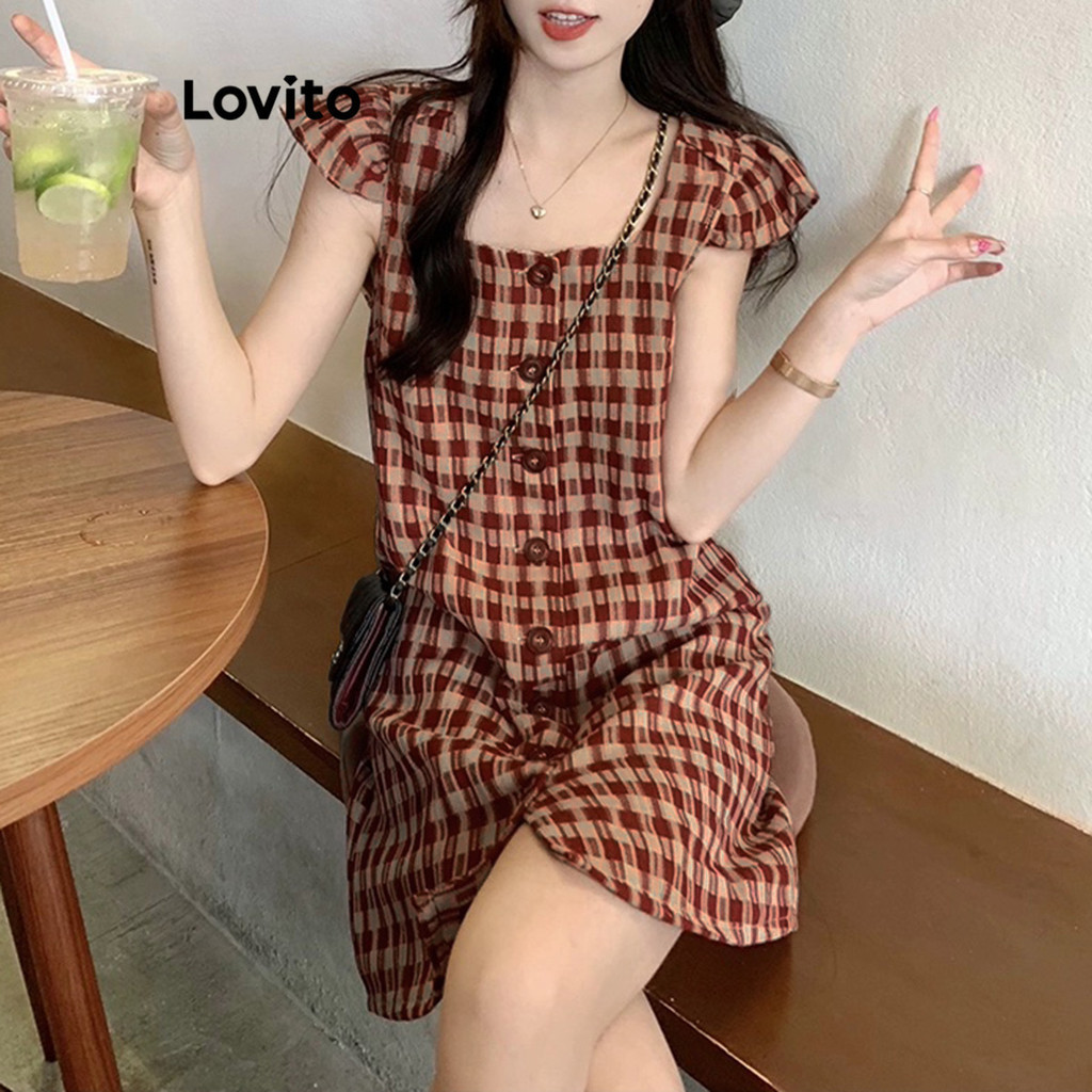 Lovito Đầm cài nút Gingham thông thường cho nữ LNA40066
