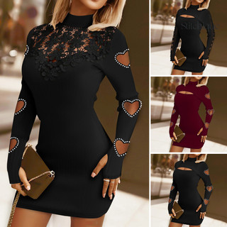 Stitchique _ Đầm Nữ Rỗng Ra Ren Skinny Vỏ Màu Trơn Cổ Nửa Cao Co Giãn Hoa Mềm Táo Cutout Trái Tim Trên Đầu Gối Mini Đầm
