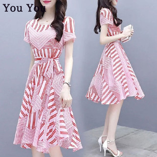 Váy ngắn tay nữ, dài vừa phải, thon gọn, in hình, váy thanh lịch, giảm béo