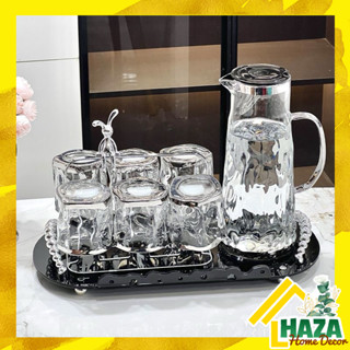 (SẴN) Bộ bình cốc uống nước thuỷ tinh kèm khay đựng cốc bạc giá úp cốc thỏ để bàn trang trí - BC03