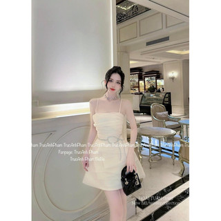Váy Hai Dây Đính Đá Nơ Eo Xếp Li CABOXIN