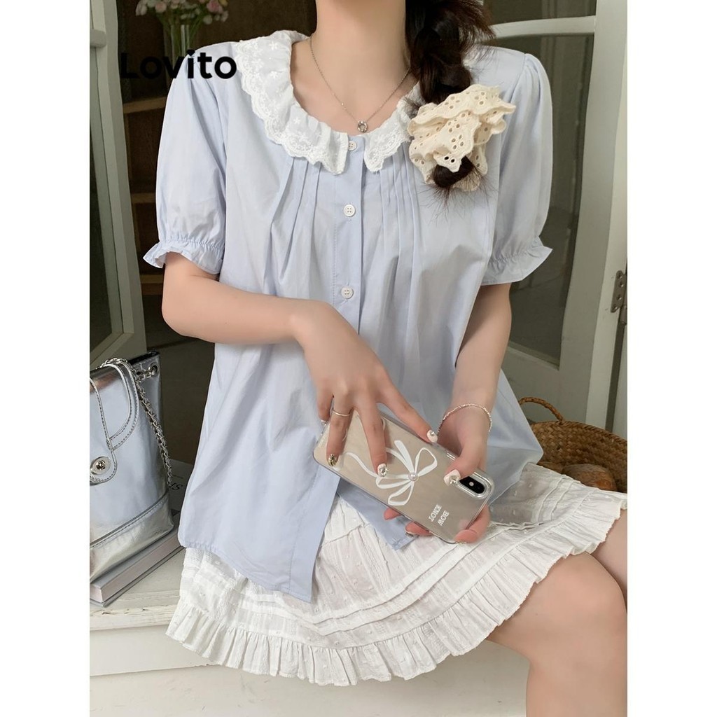 Lovito Áo cổ xếp nếp trơn đơn giản cho nữ LNA66049 | BigBuy360 - bigbuy360.vn